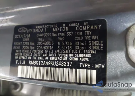 2019 Hyundai Kona Se из США, поврежденный, VIN KM8K12AA9KU243337